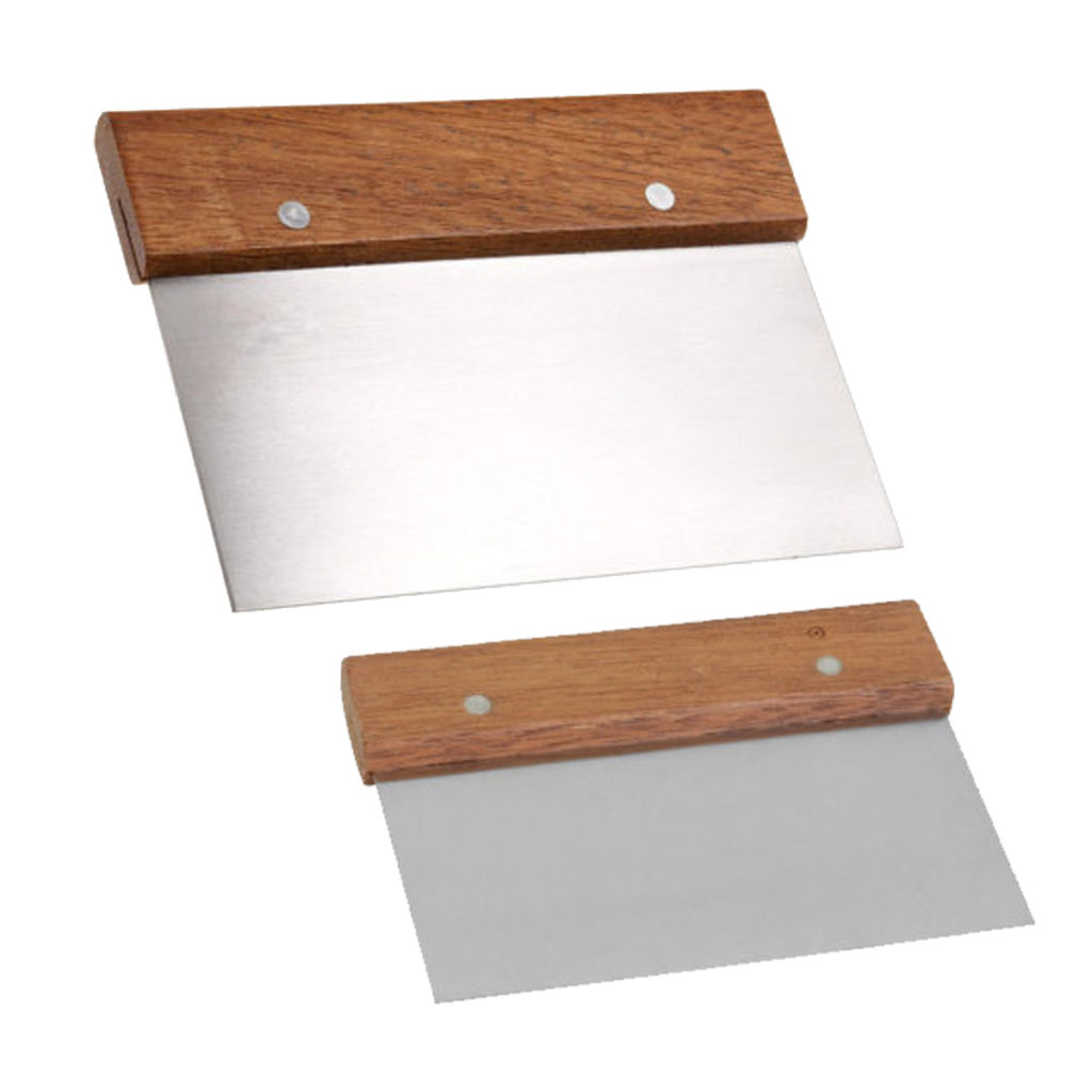 A set of 2 dough cutters with wooden handles.