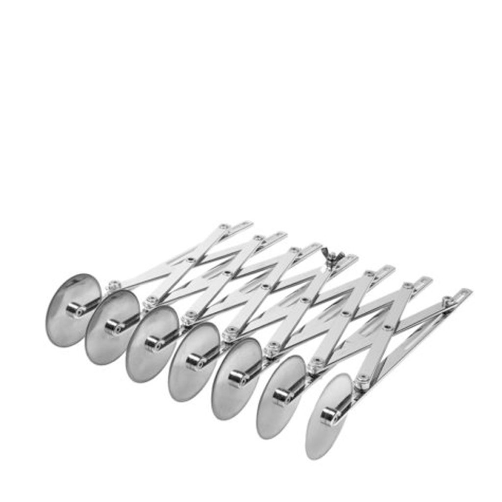 An expandable dough cutter wheel, side view.