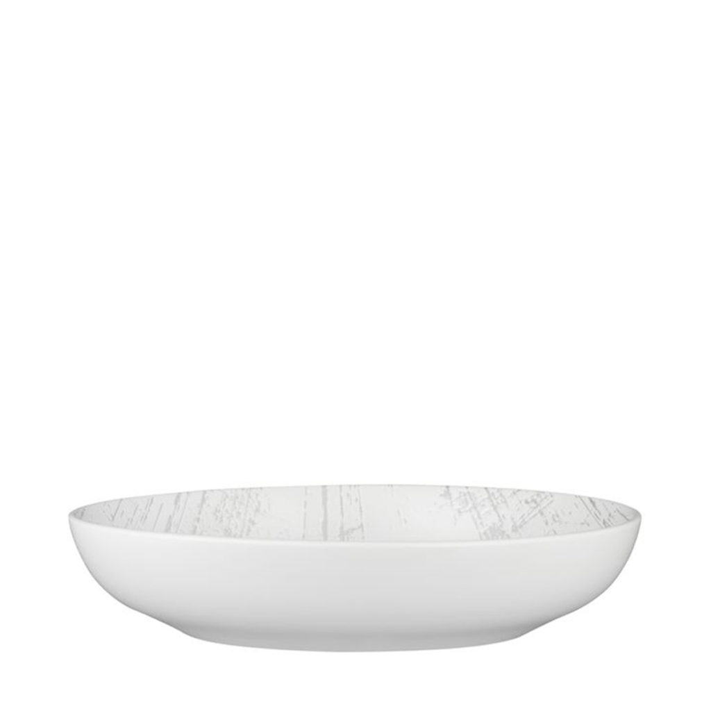 Side view of Luzerne’s Drizzle white round coupe bowl.