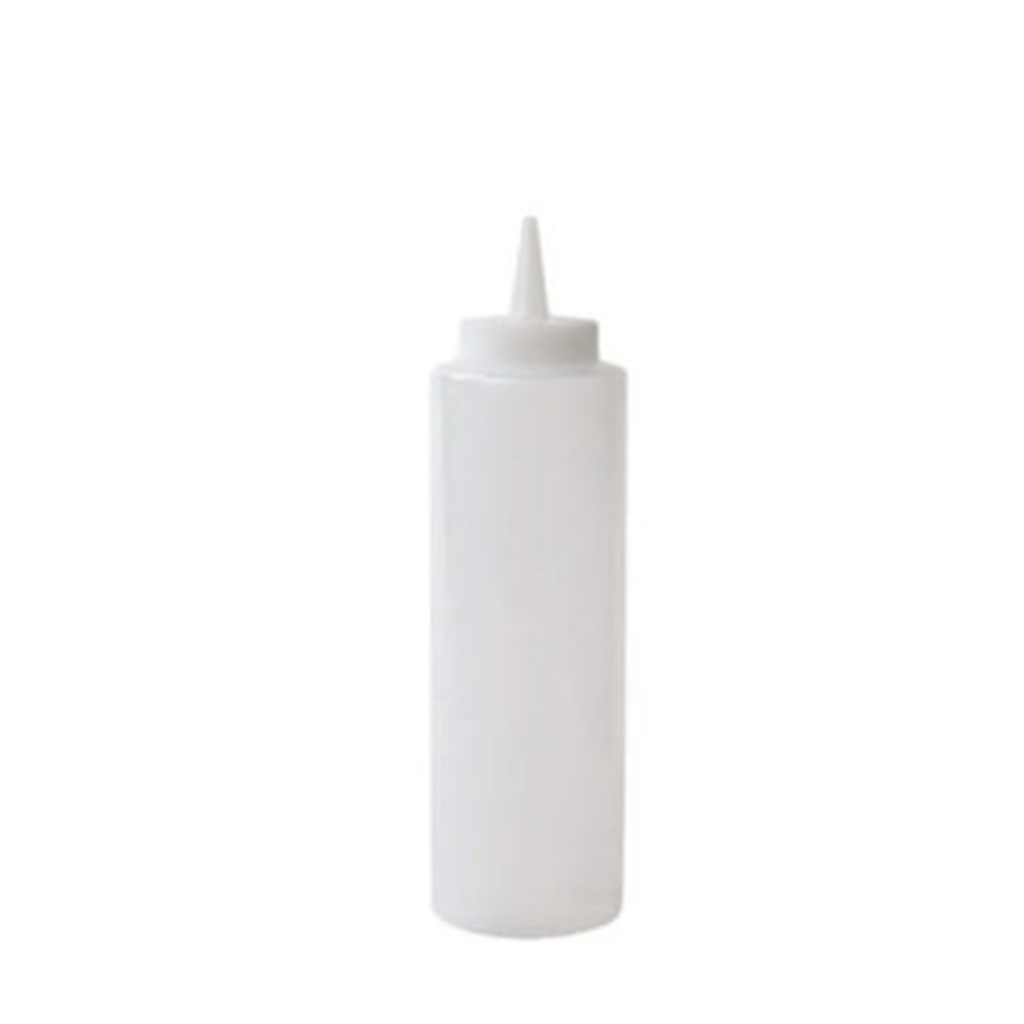 A 250ml plastic condiment dispenser bottle white.