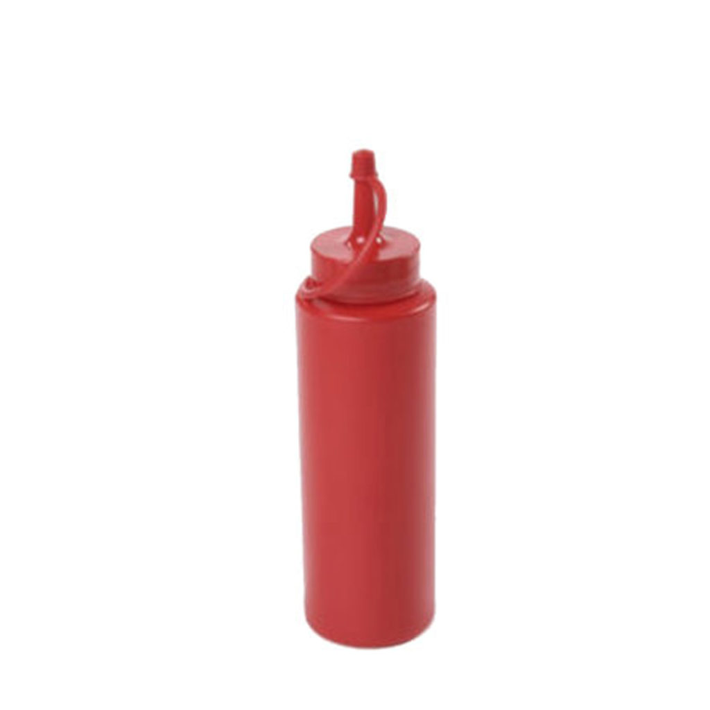 A 250ml plastic condiment dispenser bottle red.