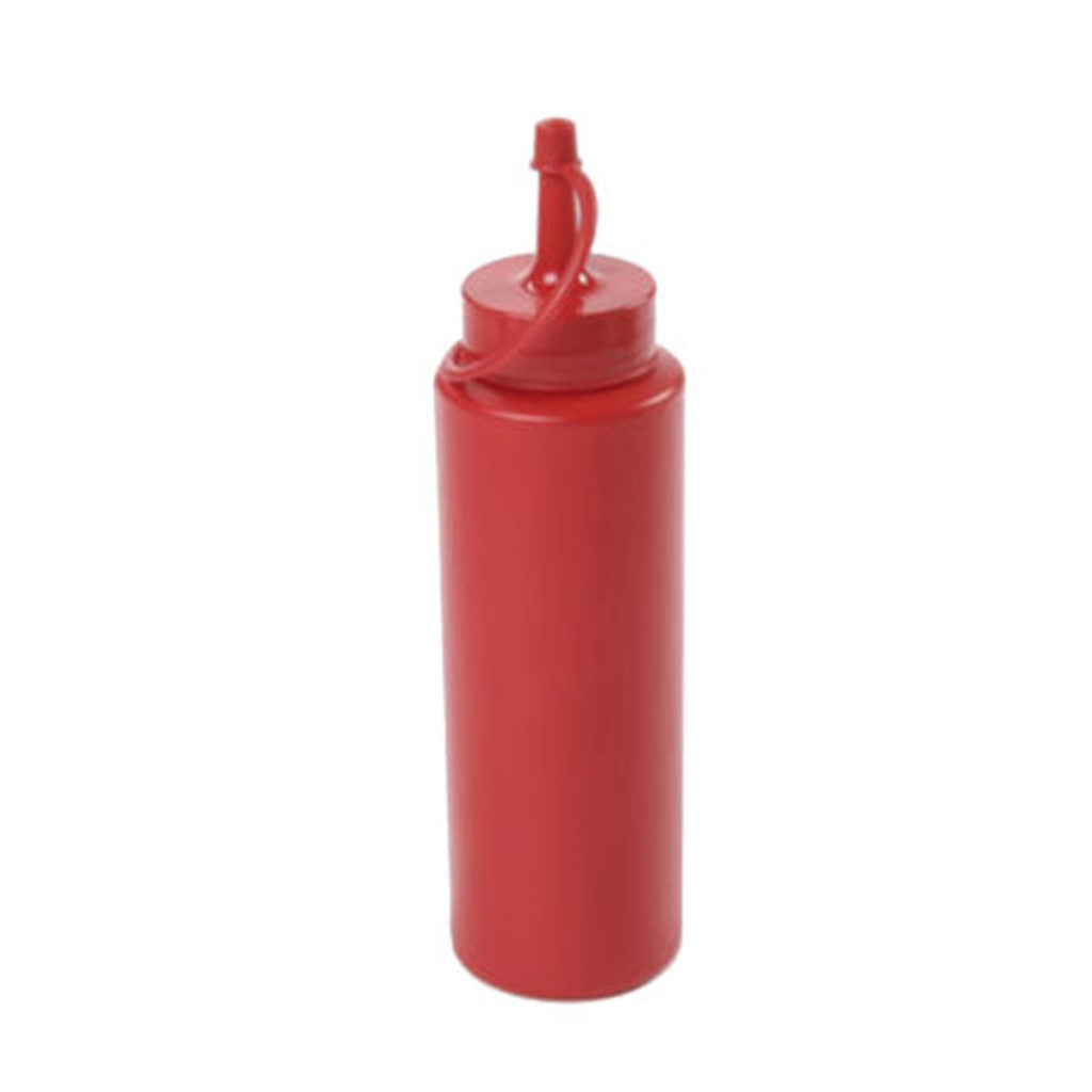 A 500ml plastic condiment dispenser bottle red.