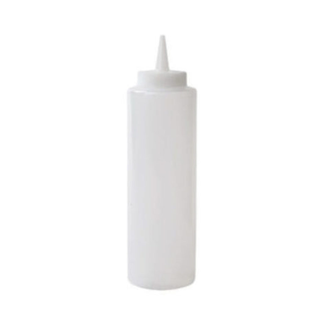 A 500ml plastic condiment dispenser bottle white.