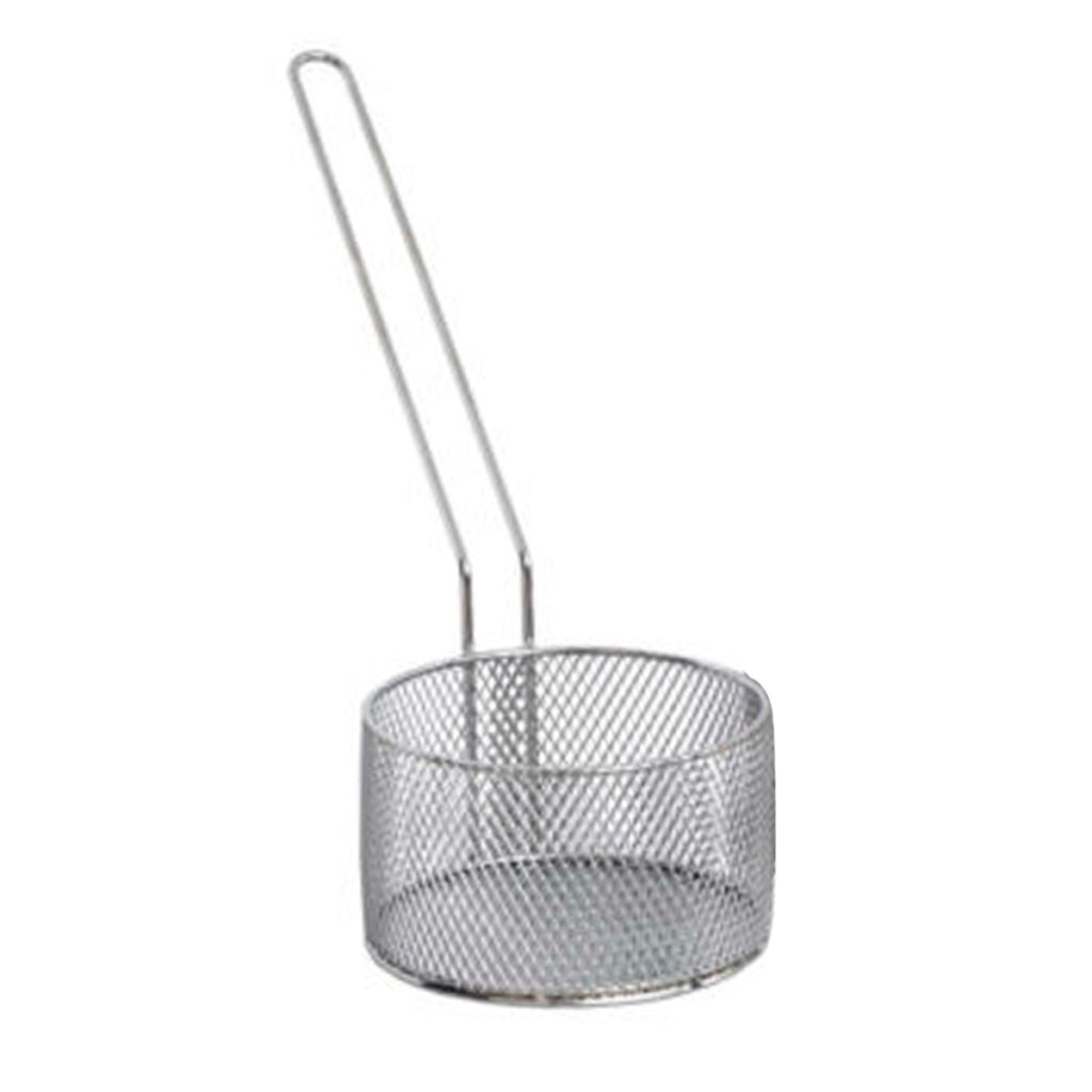 A round, stainless steel chip basket.