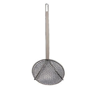 A round stainless steel skimmer.