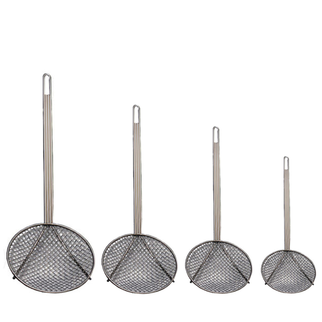 A set of 4 of round stainless steel skimmers.