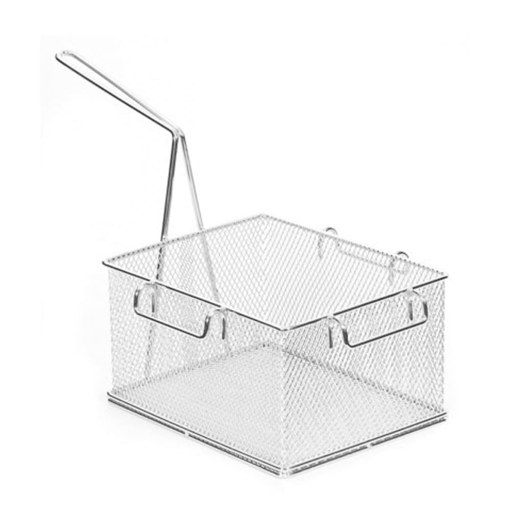 A square stainless steel chip basket.