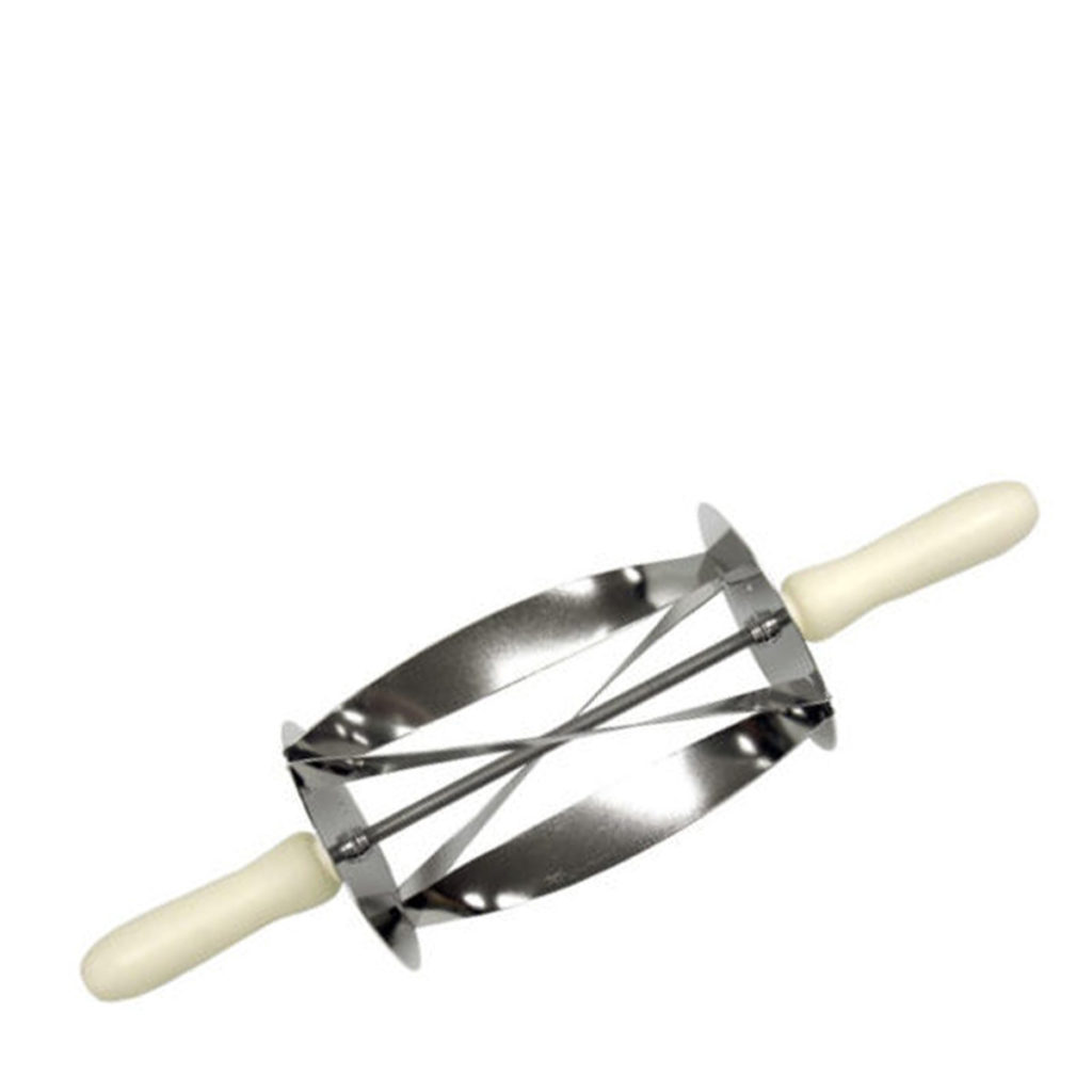 A stainless steel croissant cutter.