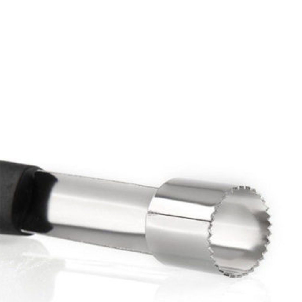 A close up of a stainless steel apple corer.