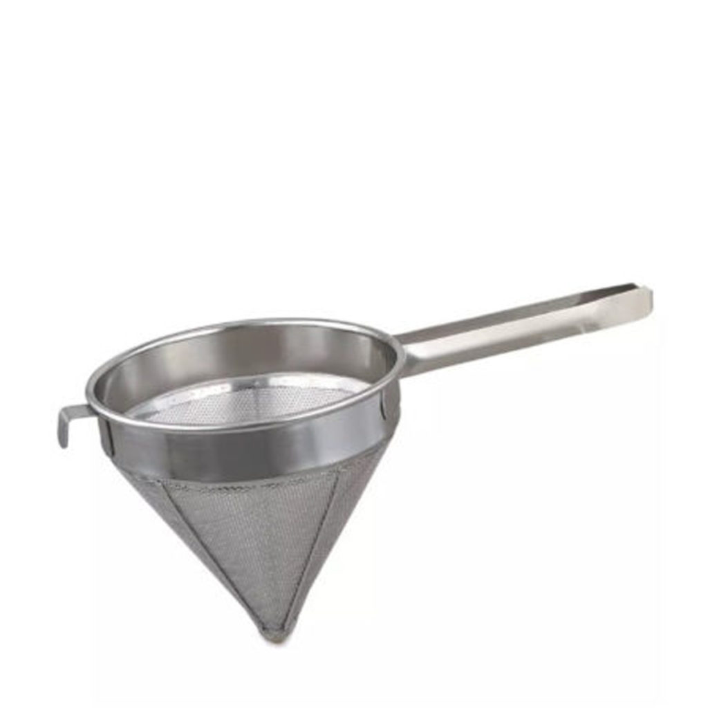 A stainless steel china cap strainer.