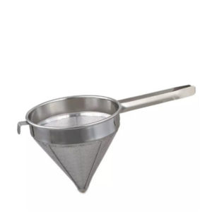 A stainless steel china cap strainer.
