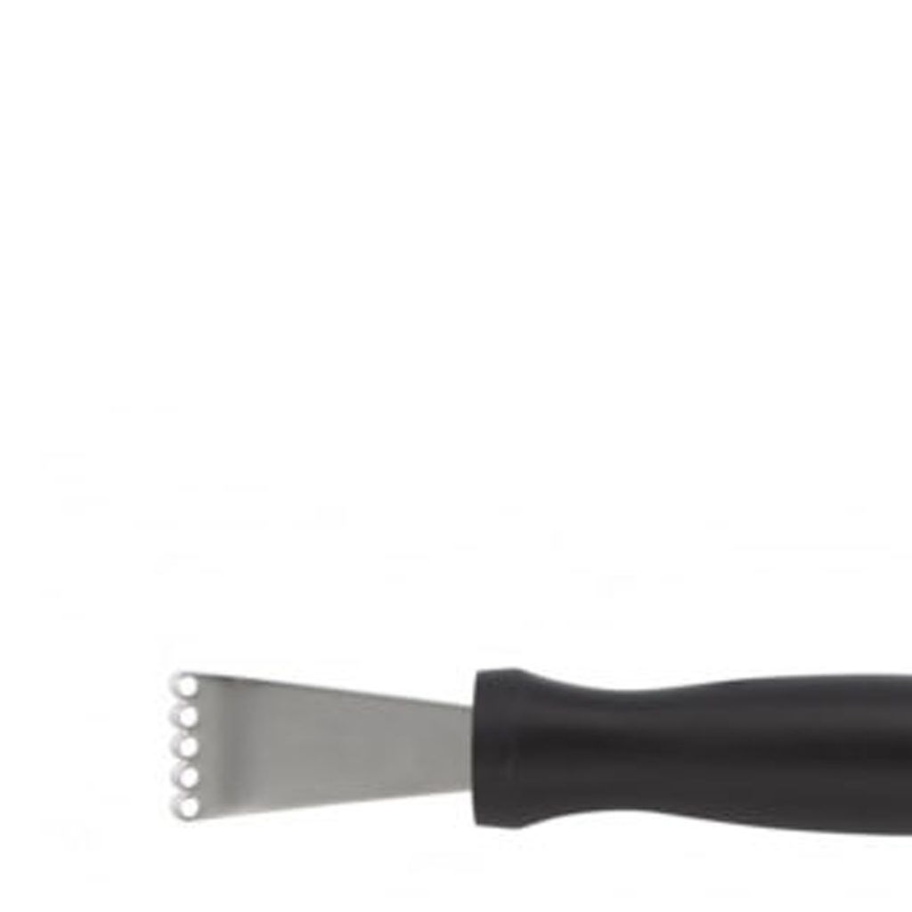 A close up of a stainless steel lemon zester.