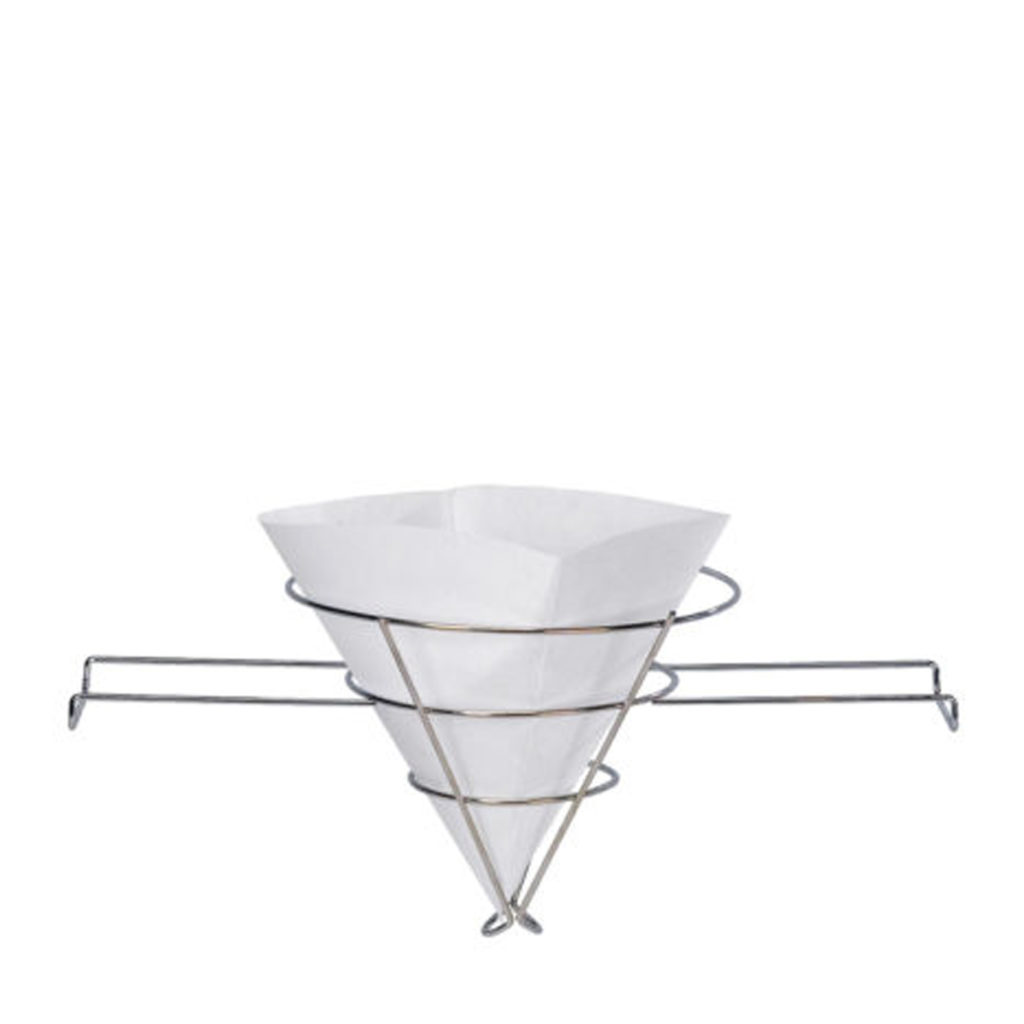 A stainless steel oil filter with paper filter.