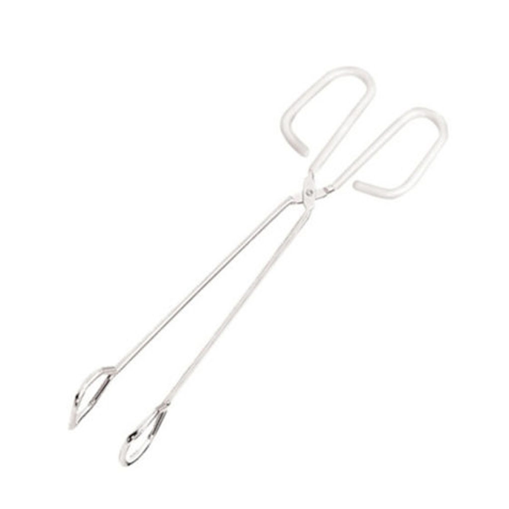 Stainless steel scissor tongs.