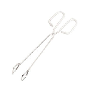 Stainless steel scissor tongs.