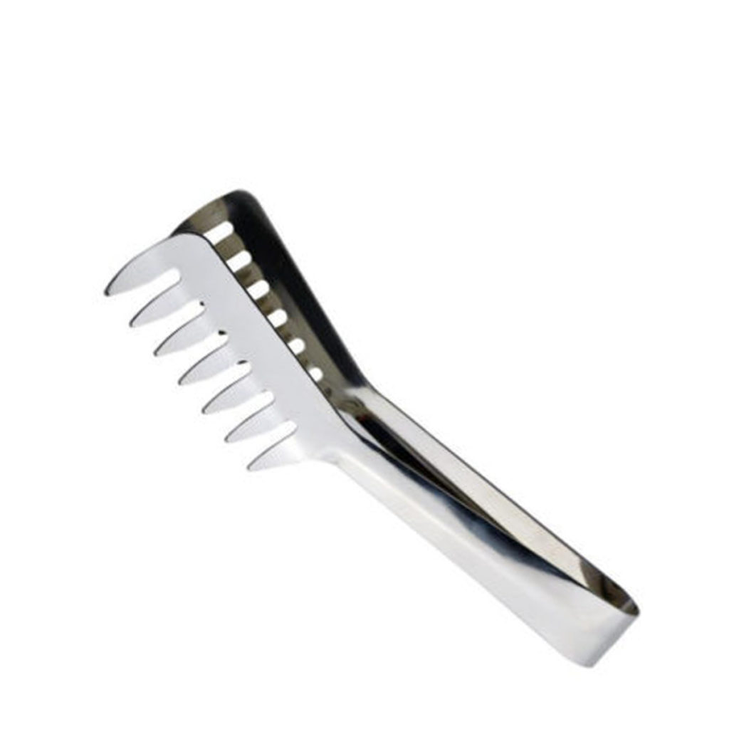 A pair of stainless steel spaghetti tongs.