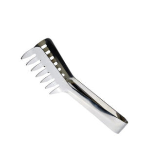A pair of stainless steel spaghetti tongs.