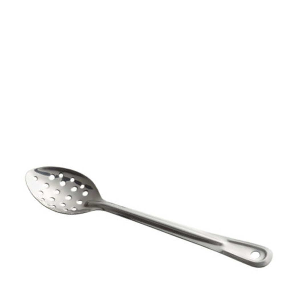 A stainless steel, perforated basting spoon.