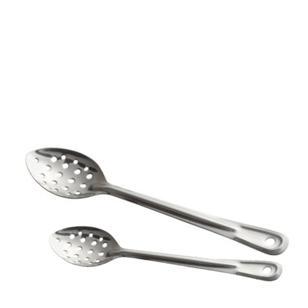 A set of 2 stainless steel, perforated basting spoons.