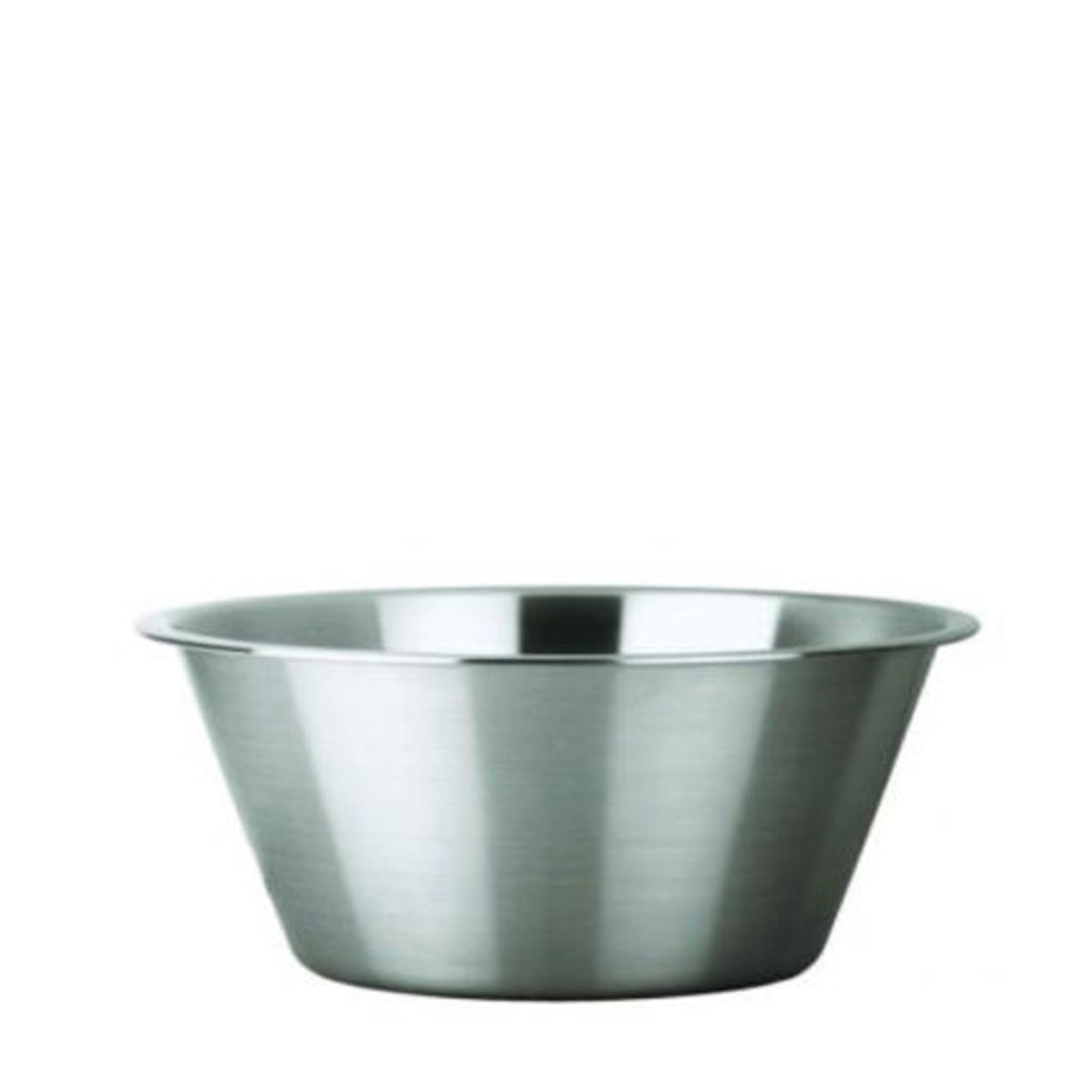 A tapered stainless steel mixing bowl.