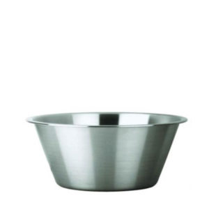 A tapered stainless steel mixing bowl.