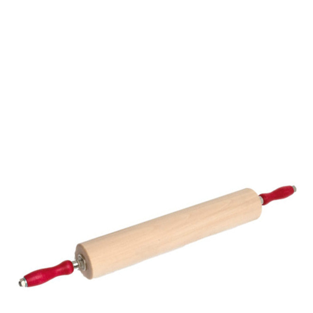 A wooden rolling pin with red handles.