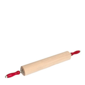 A wooden rolling pin with red handles.