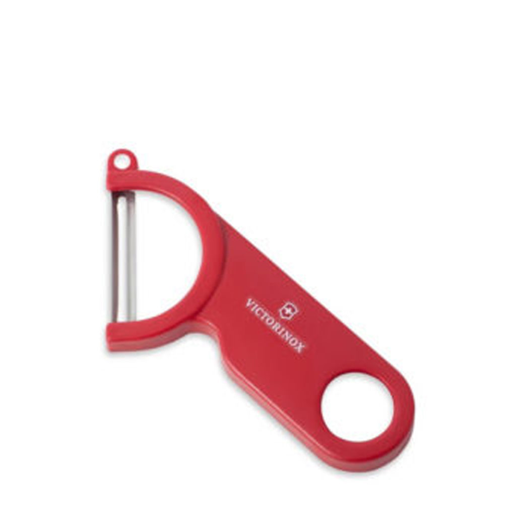 A red vegetable peeler by Victorinox.