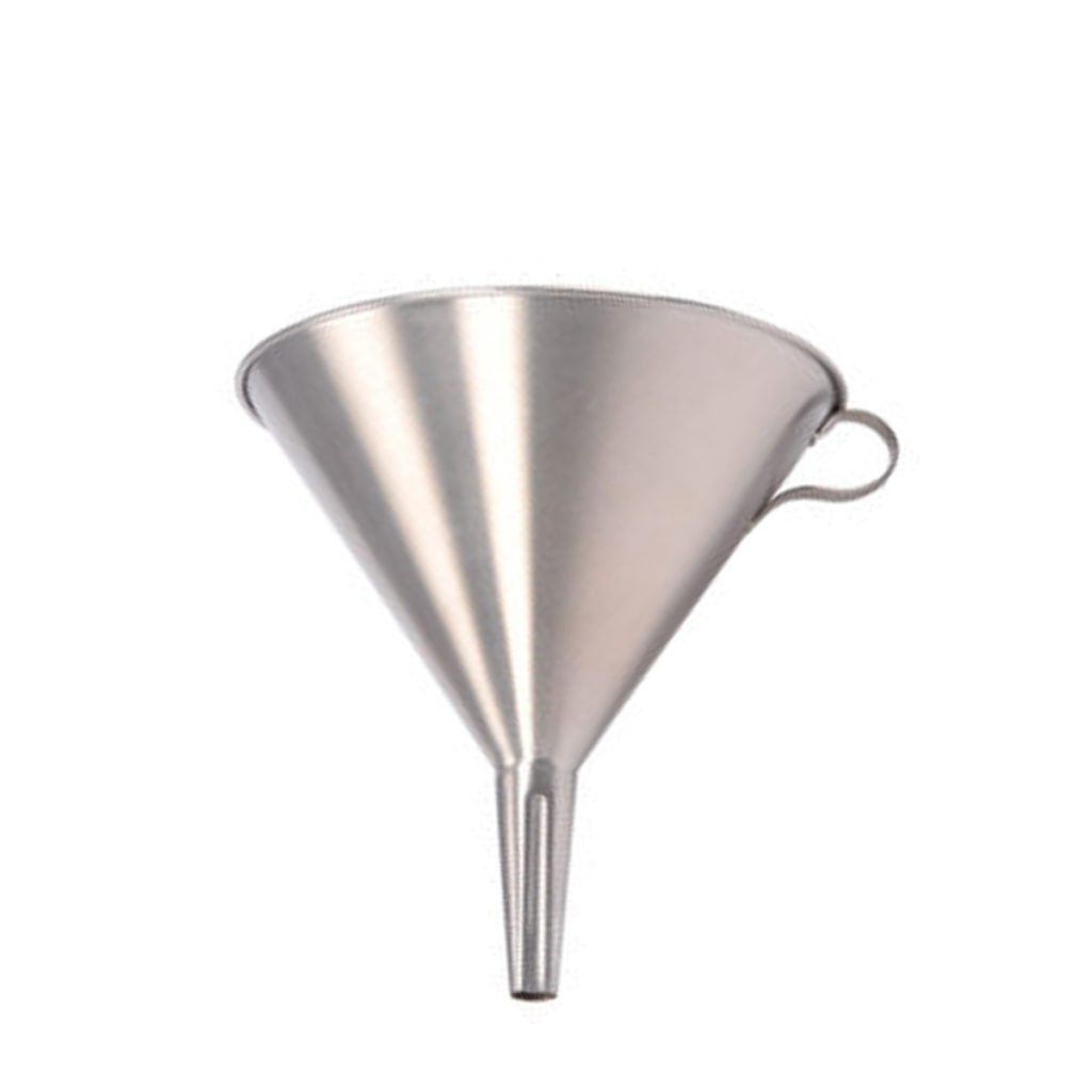 A stainless steel funnel with filter.