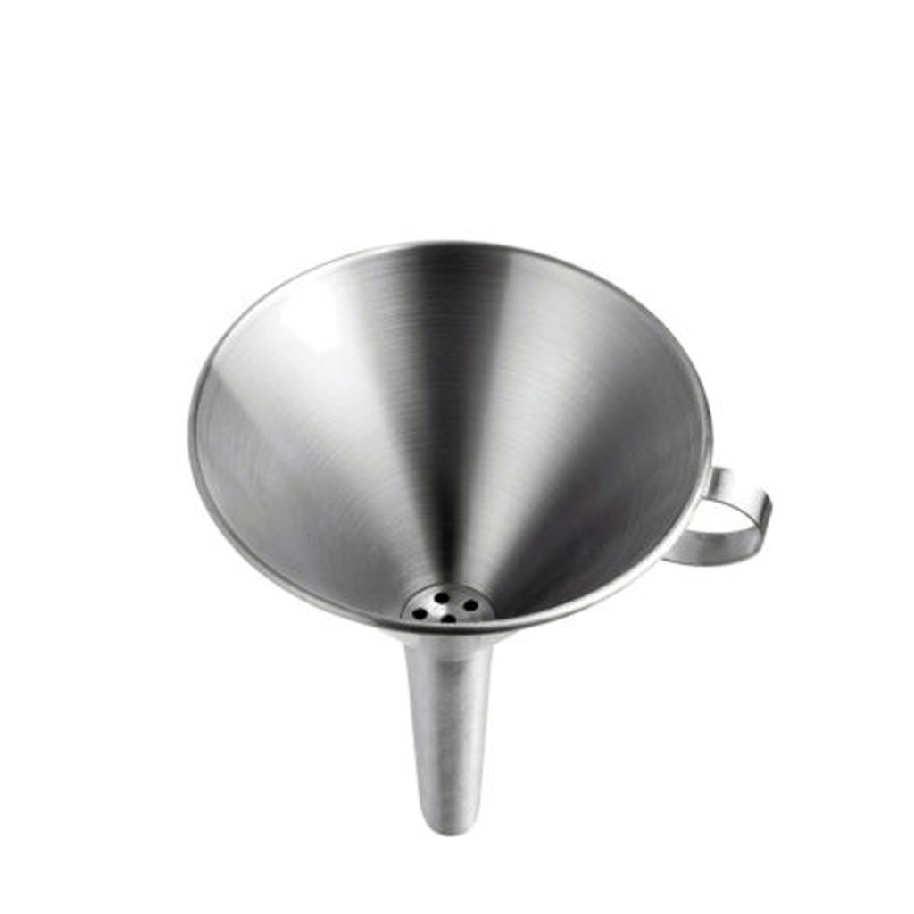 A stainless steel funnel with filter.