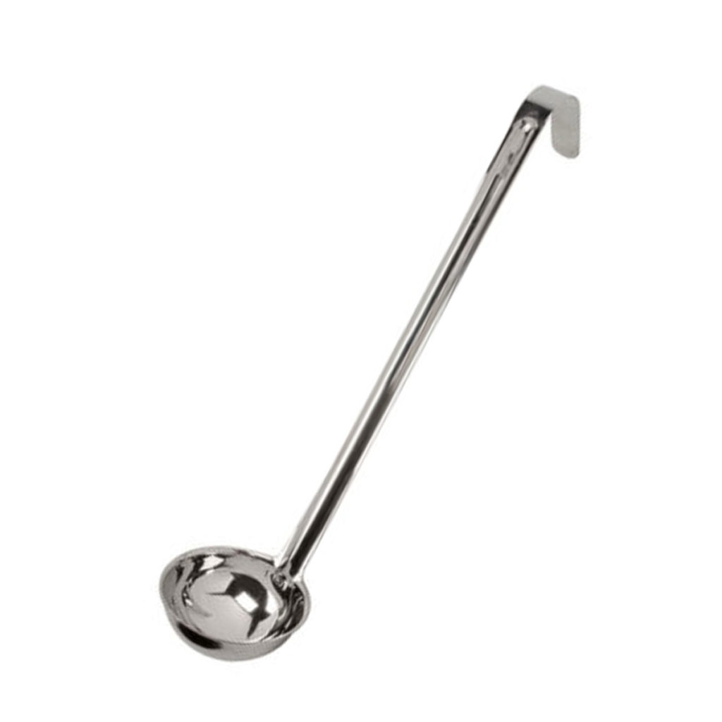 A stainless steel soup ladle.
