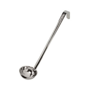 A stainless steel soup ladle.