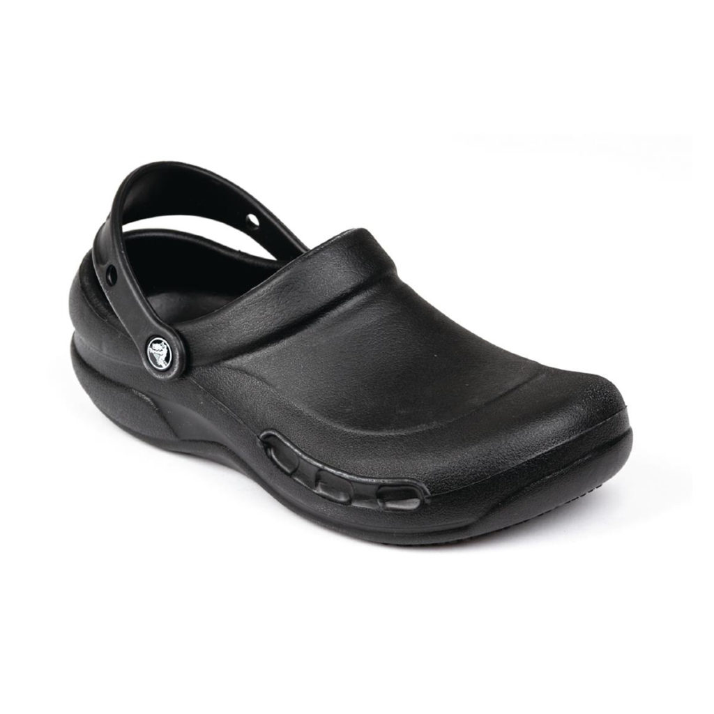 A pair of black Crocs.