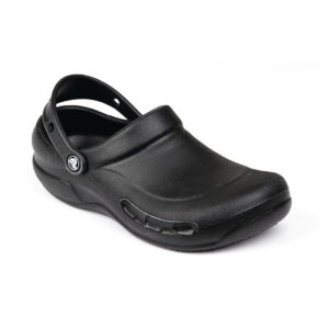 A pair of black Crocs.