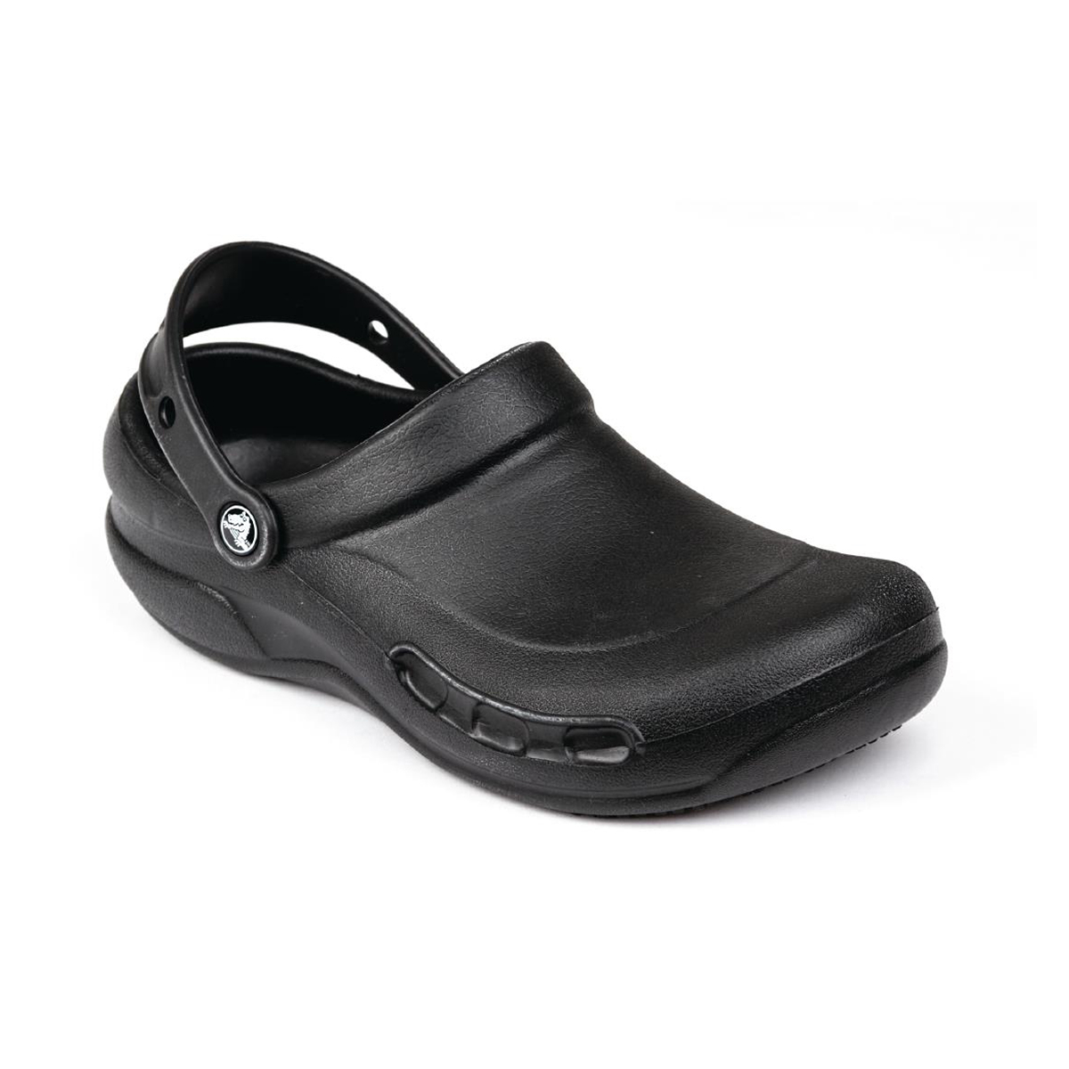 A pair of black Crocs.