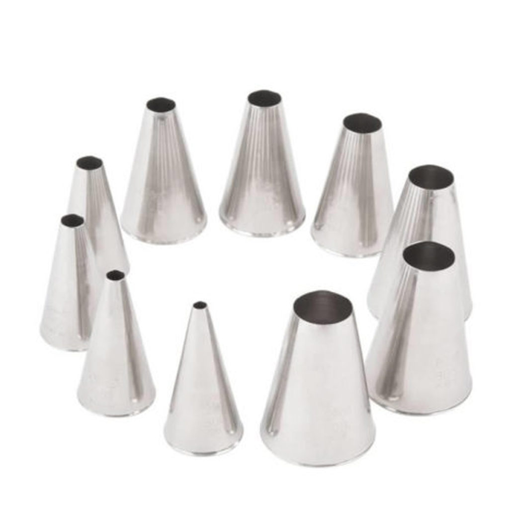 A 10 piece stainless steel nozzle set.