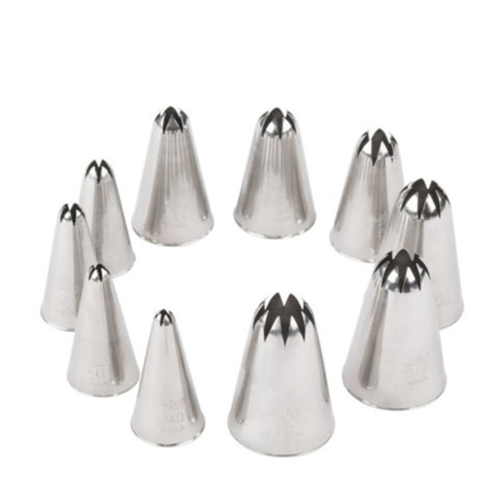 A 10 piece stainless steel nozzle set.