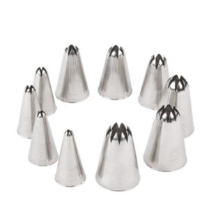 A 10 piece stainless steel nozzle set.