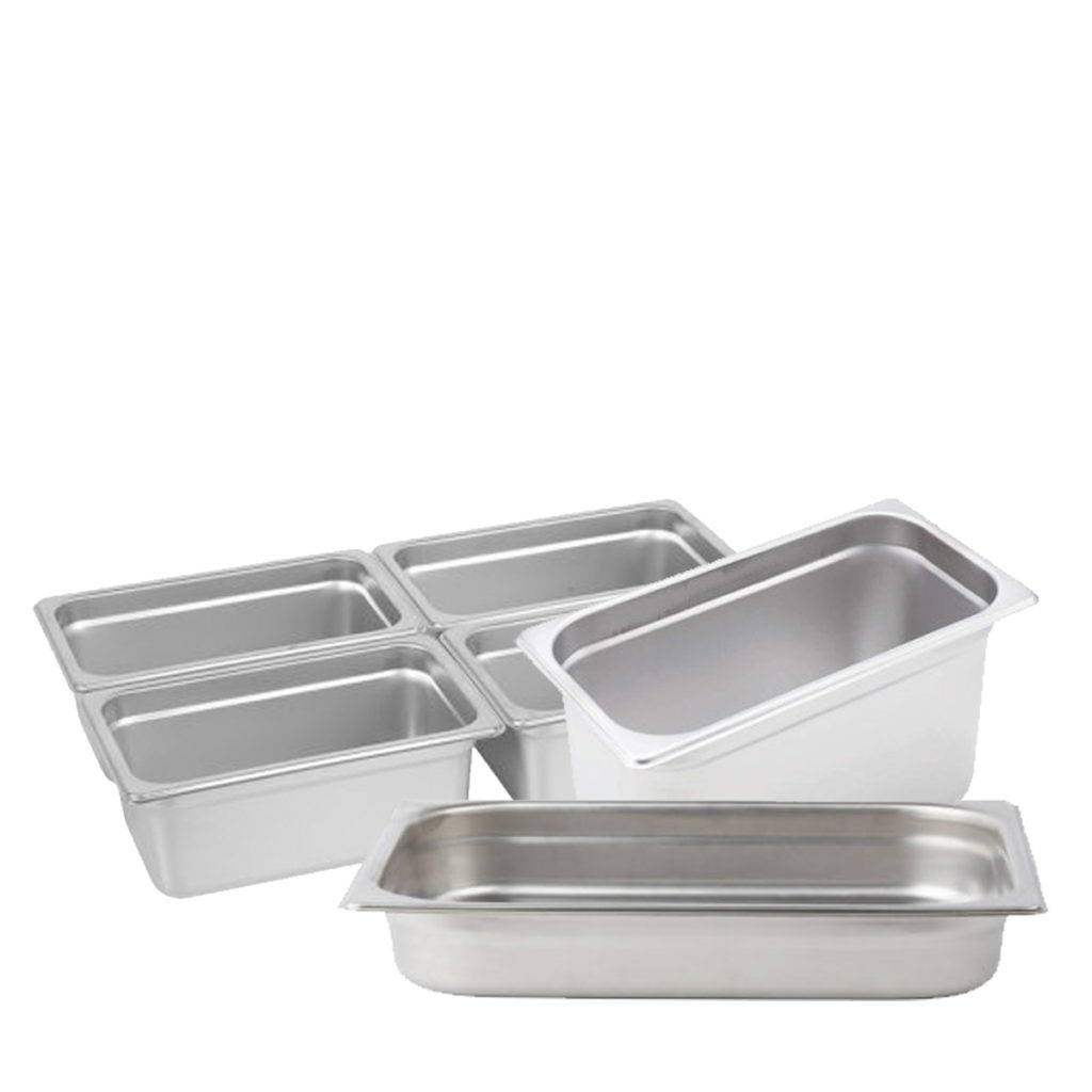 A set of 3 fourth bain marie inserts.