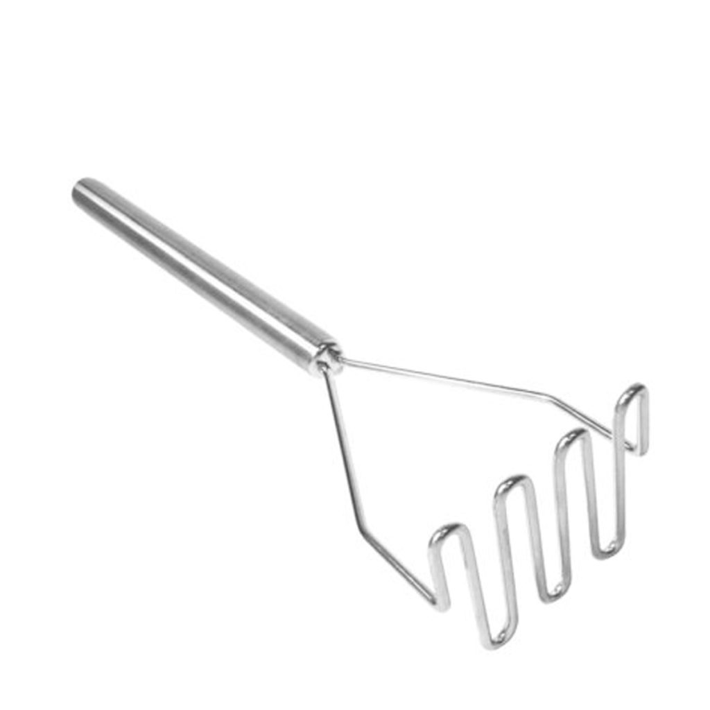 A stainless steel potato masher.