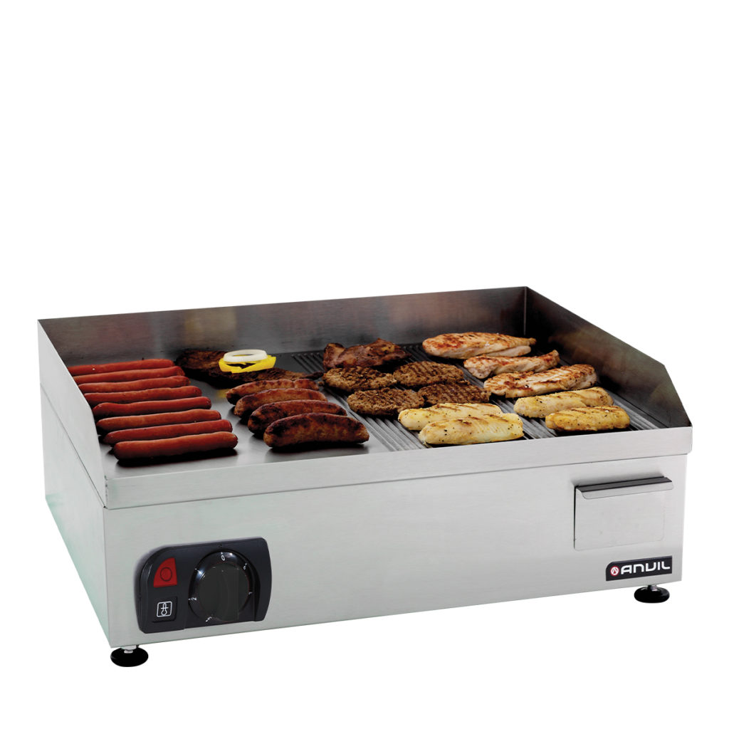 The flat top electric ribbed/flat grill by Anvil.
