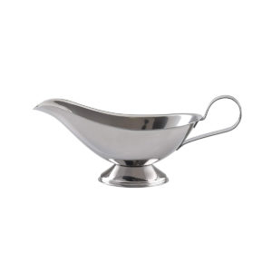 A stainless steel gravy boat.