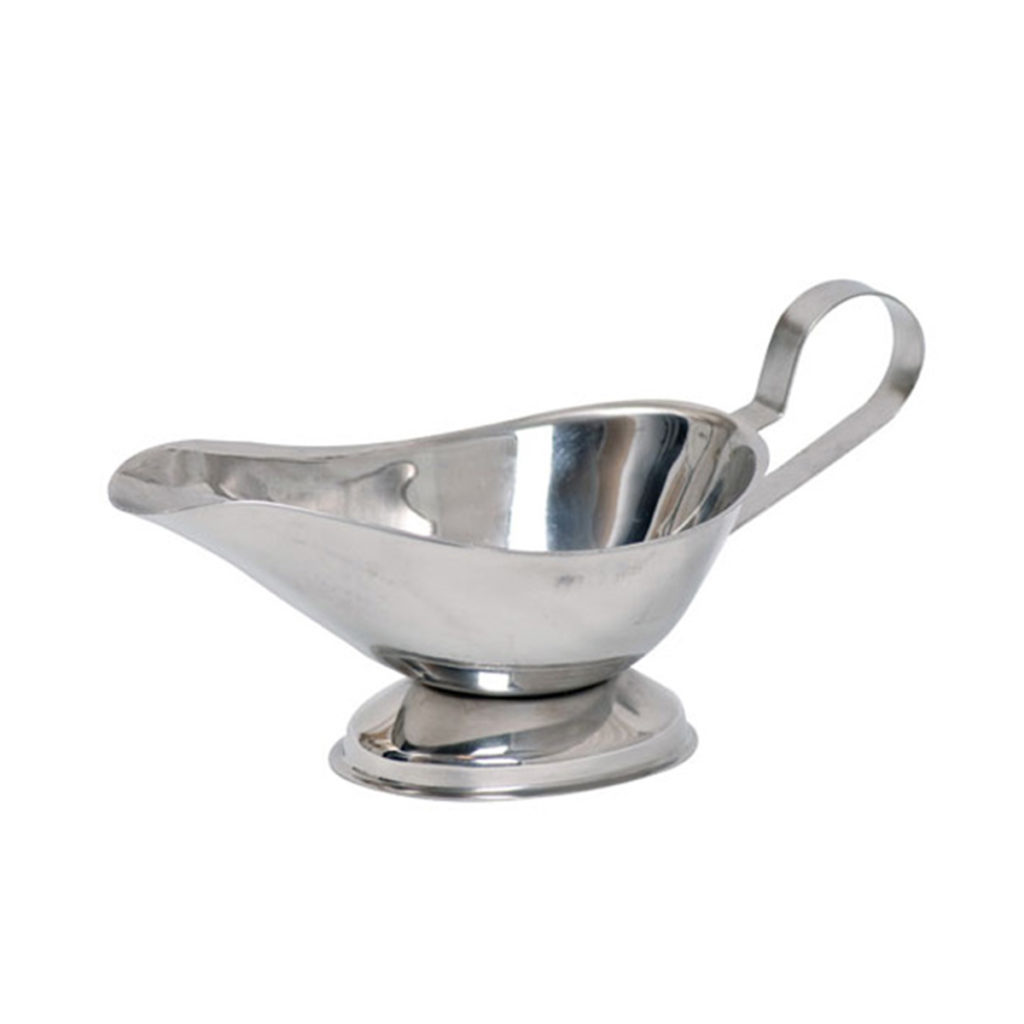 Top view of a stainless steel gravy boat.