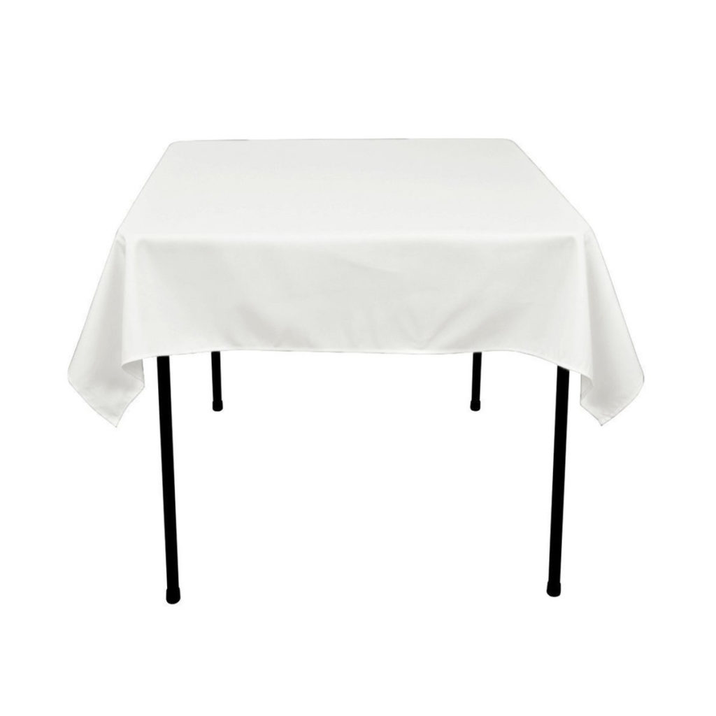 A white plain square table cloth on a table.