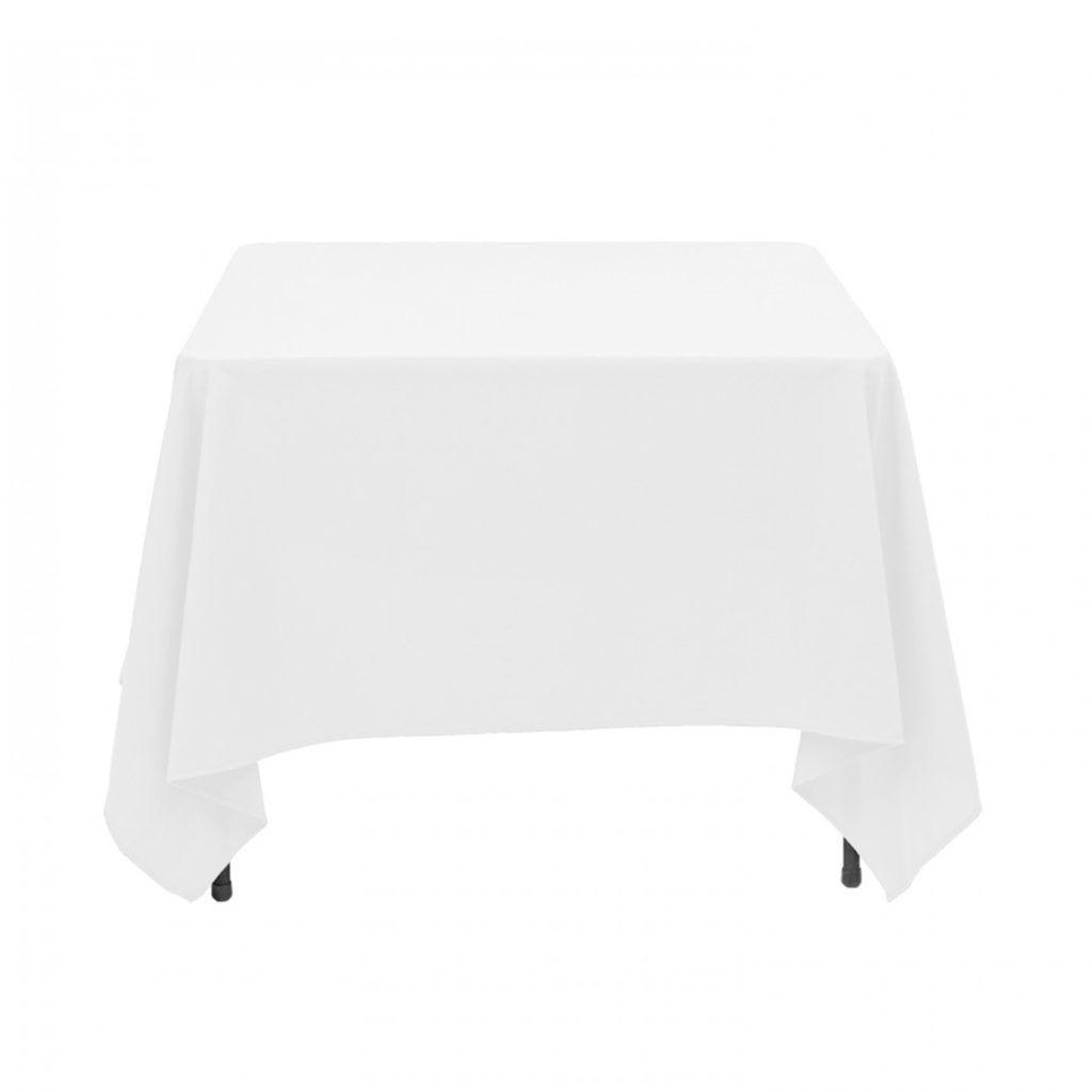 A plain square table cloth in white on a table.
