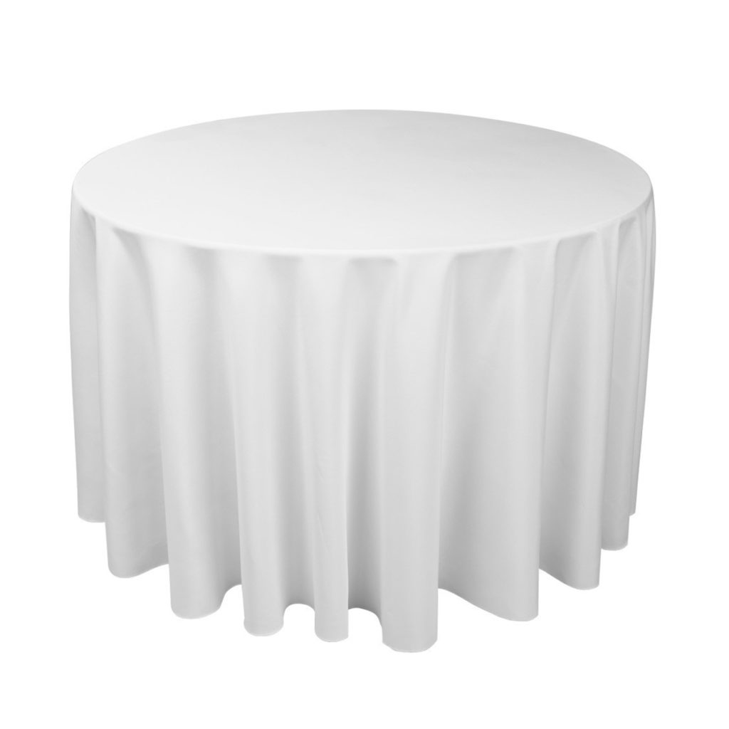 A plain round table cloth on a round table.
