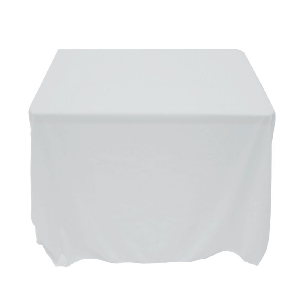 A plain square table cloth covering a table.