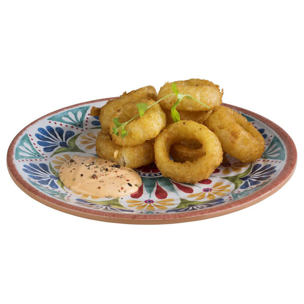 The Arabesque serving plate by APS with onion rings.