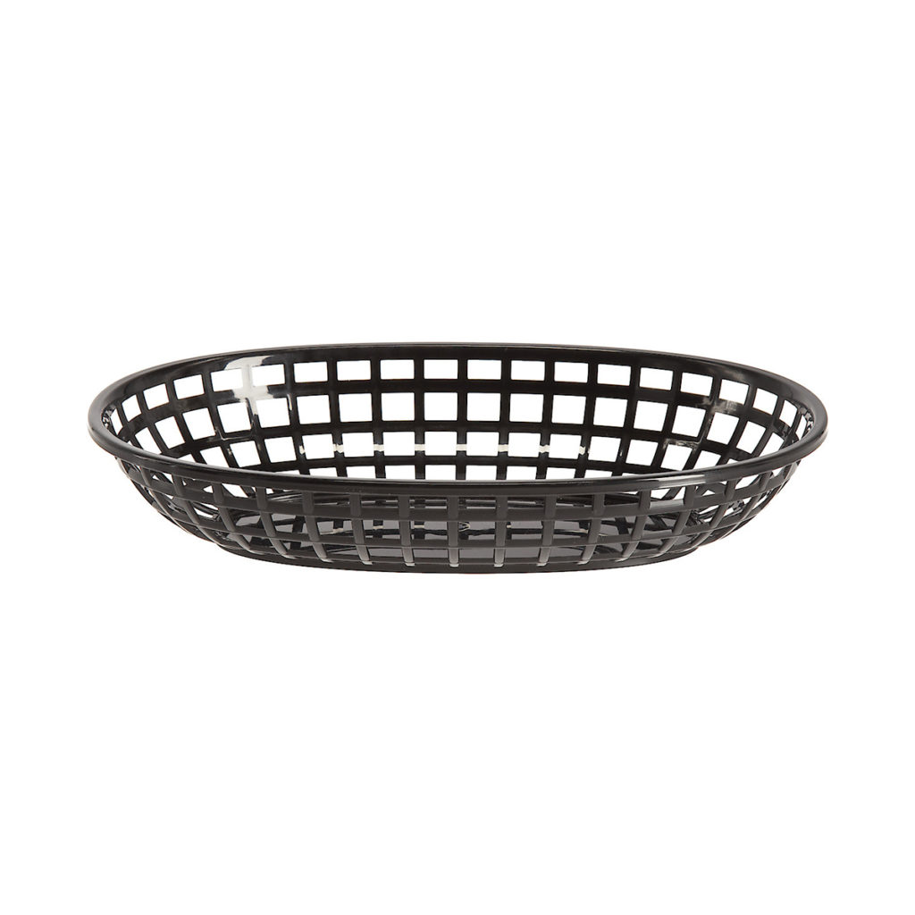 Side view of an oval plastic bread basket.