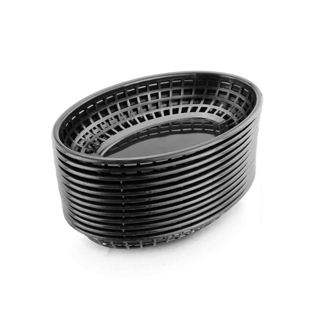 Stack of plastic oval bread baskets.
